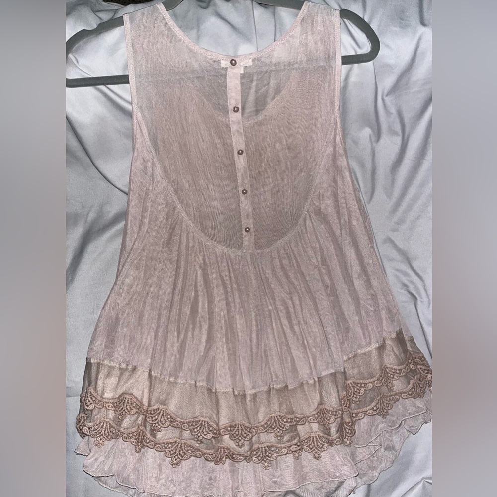 Ultra Pink Sleeveless Crochet Yoke Tank Top in Beige - Picture 7 of 7